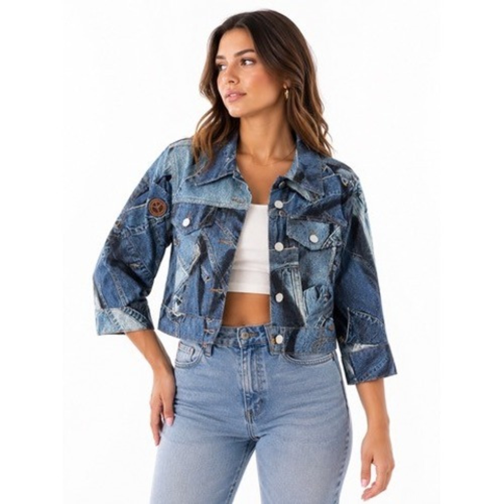 Moschino Jeans Vintage Trompe L'oeil Denim Print Cropped‎ Jacket Blue Cotton